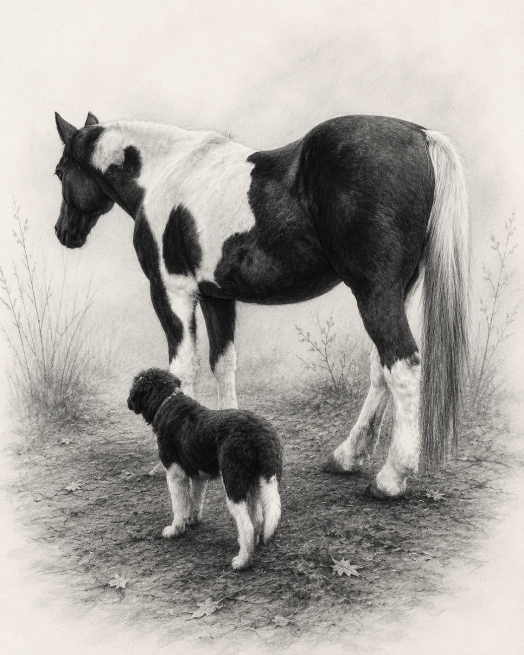 Karakachan-Hund mit Pferd und Fohlen auf dem Hof